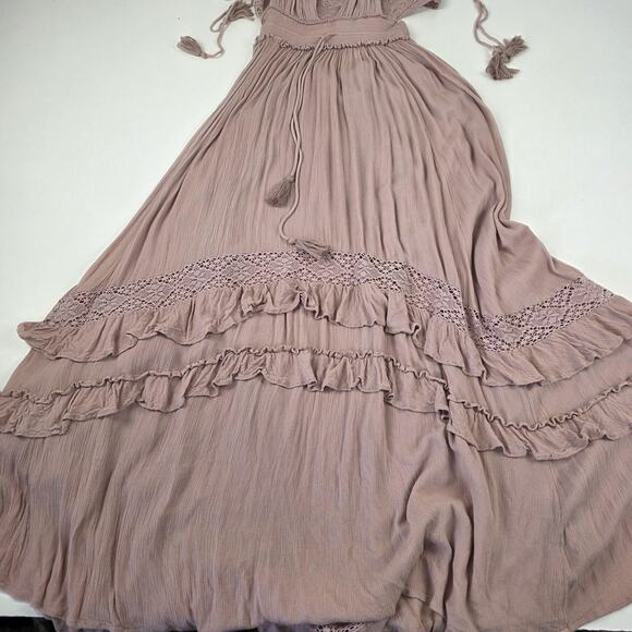 Free People Dress Womens Large Mauve Boho Maxi Lace Crochet Ruffle Smocked - Picture 6 of 14